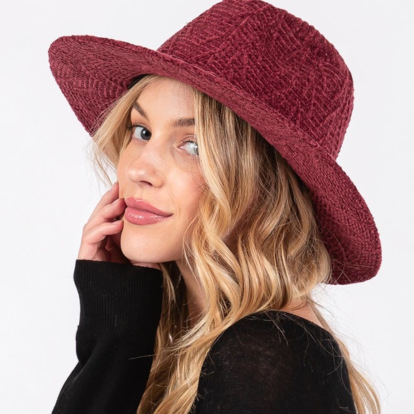 Burgundy Chenille Pattern Fedora Hat with Braided Band - Picture 5 of 6